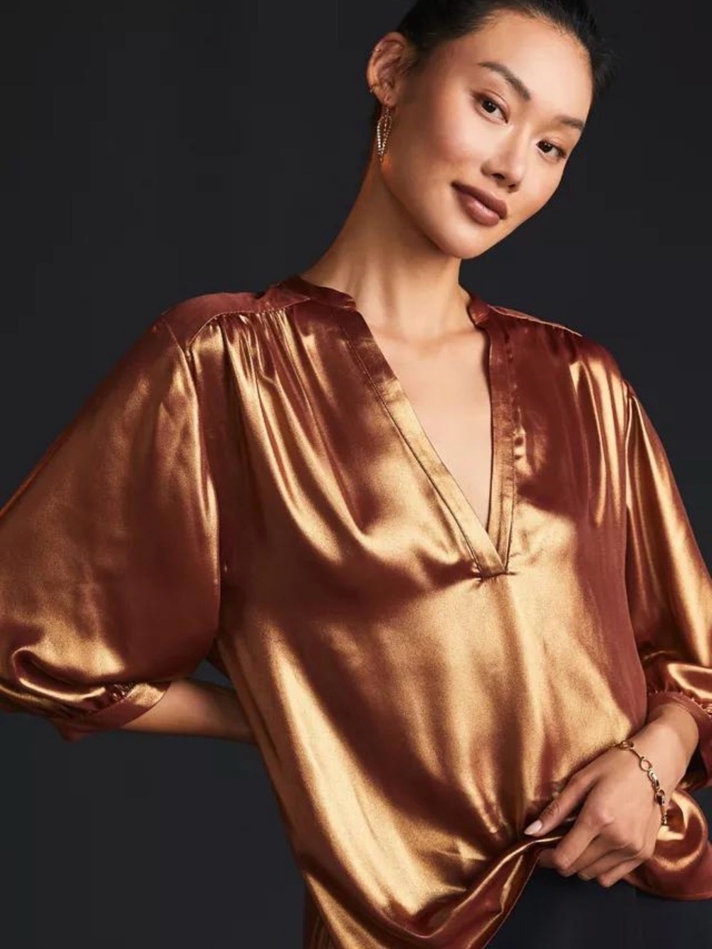 Anthropologie Metallic Copper Satin V-Neck Blouse